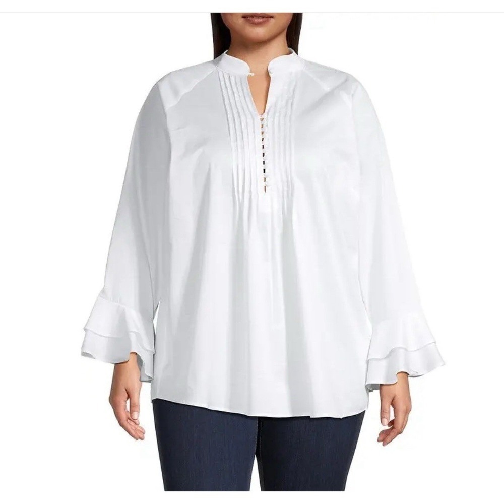 Harshman‎ Nagisa Pintuck Ruffle-Cuff Cotton Blouse in white Size 2X